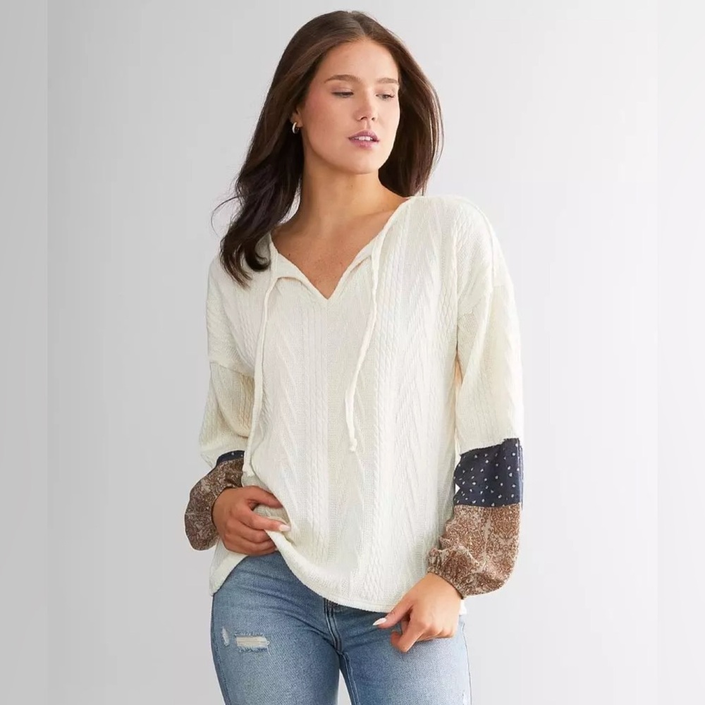 Daytrip Cream Knit Hoodie Sweater with Patterned Sleeve Panels